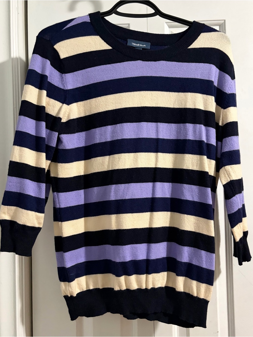 Modcloth Navy, Lavender & Cream Striped Crewneck Sweater